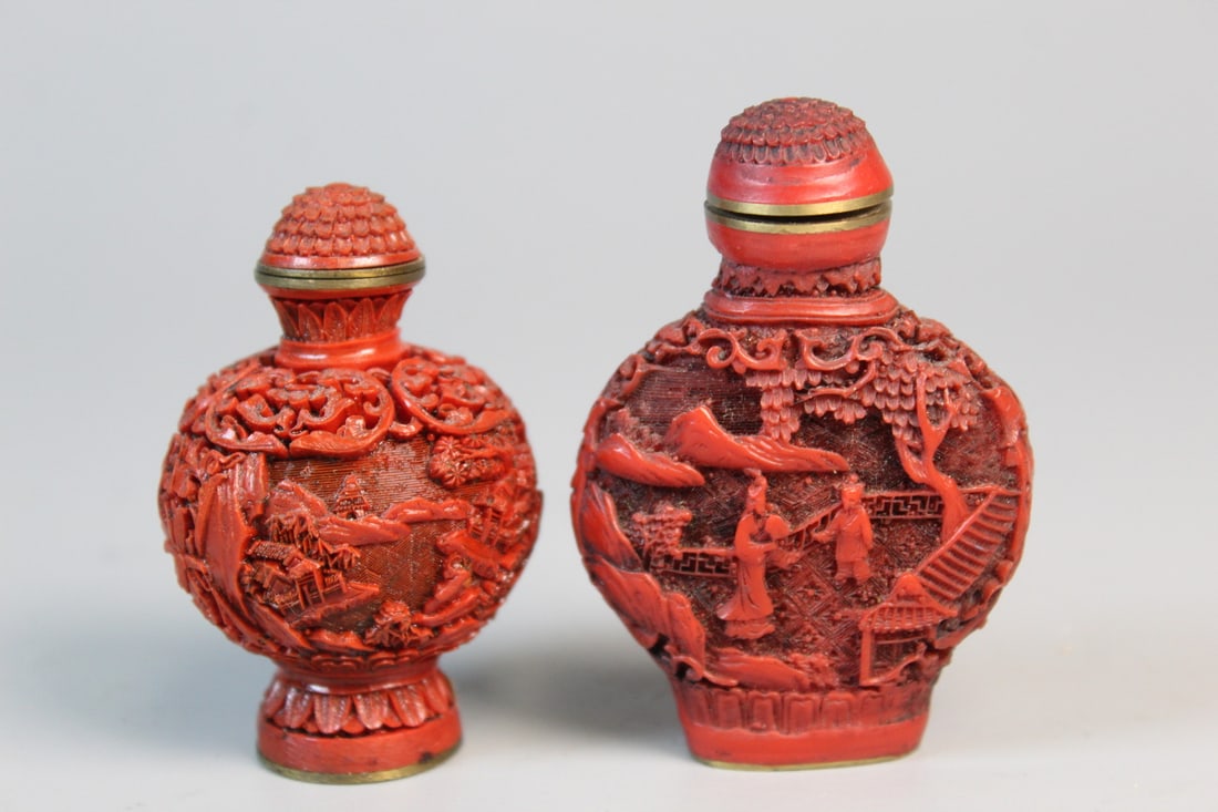 Two Chinese Red Lacquered Snuff Bottles: Two Chinese Red Lacquered Snuff Bottles. H 3".