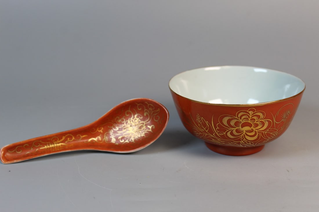 Chinese Iron-red Glazed Porcelain Bowl and Spoon: Chinese Iron-red Glazed Porcelain Bowl and Spoon. Diam 4.5".