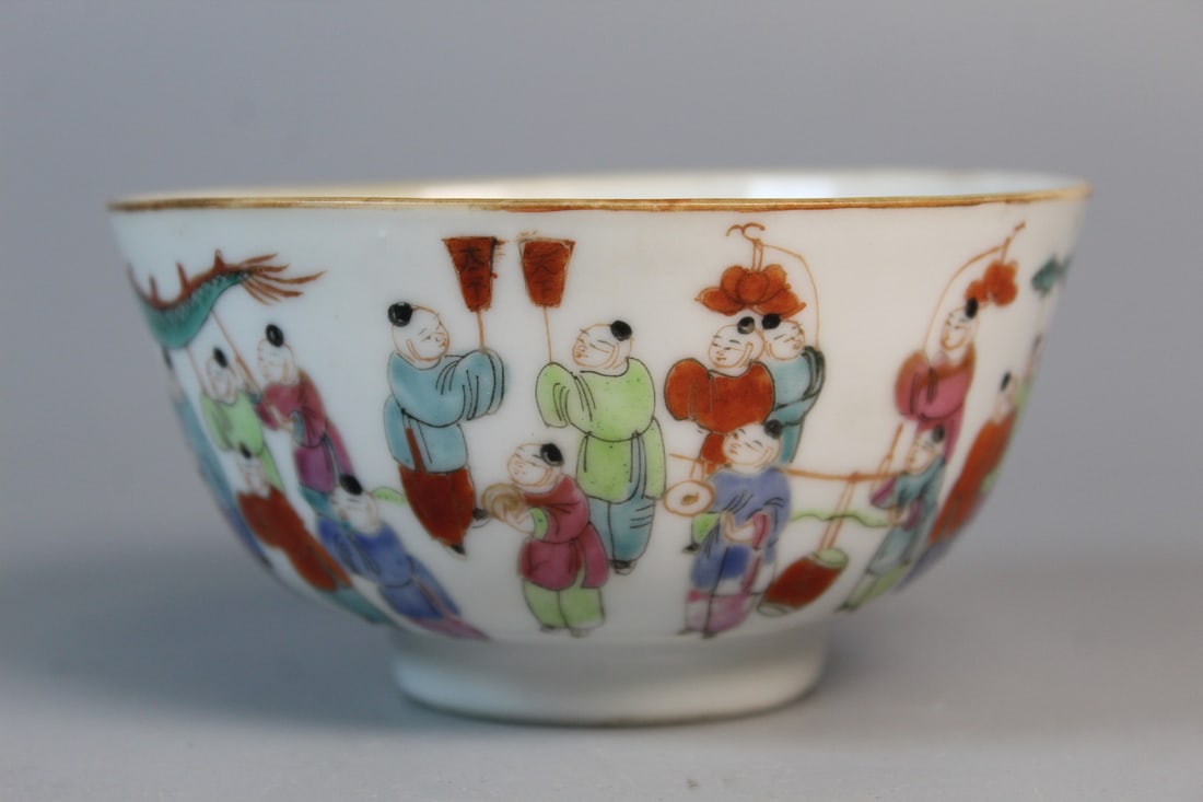Chinese Famille Rose Porcelain Bowl with Boys-at-play Decoration: Chinese Famille Rose Porcelain Bowl with Boys-at-play Decoration. Diam 4.25".
