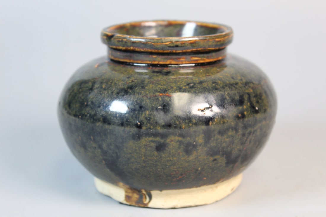 Chinese Brown Glazed Pottery Jar: Chinese Brown Glazed Pottery Jar. H 3.5". Diam 5".