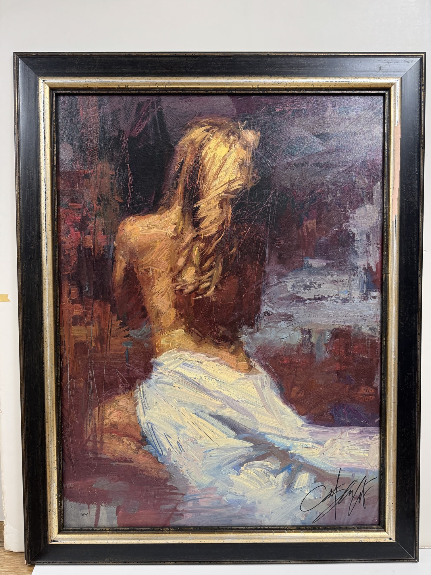 Henry Asencio "Dawn" signed limited edition embellished giclee on canvas: Henry Asencio "Dawn" signed limited edition embellished giclee on canvas. Framed size 37" x 48", frame damaged, as is