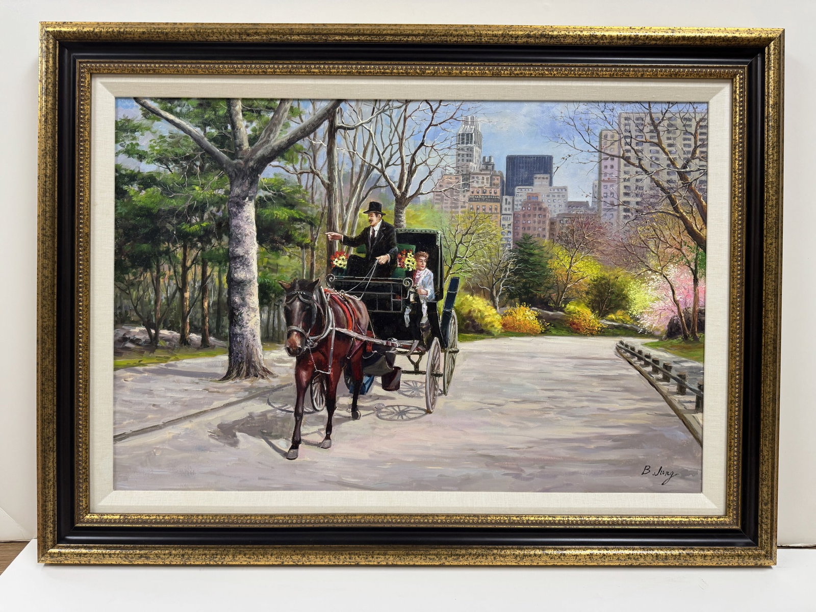 B. Jung original oil painting of Central Park scene: B. Jung original oil painting of Central Park scene. Framed size 26.25" x 36.25"