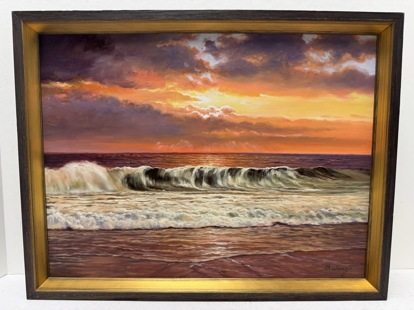 B Jung original oil painting on board of waves: B Jung original oil painting on board of waves. Framed size 13.25" x 17"