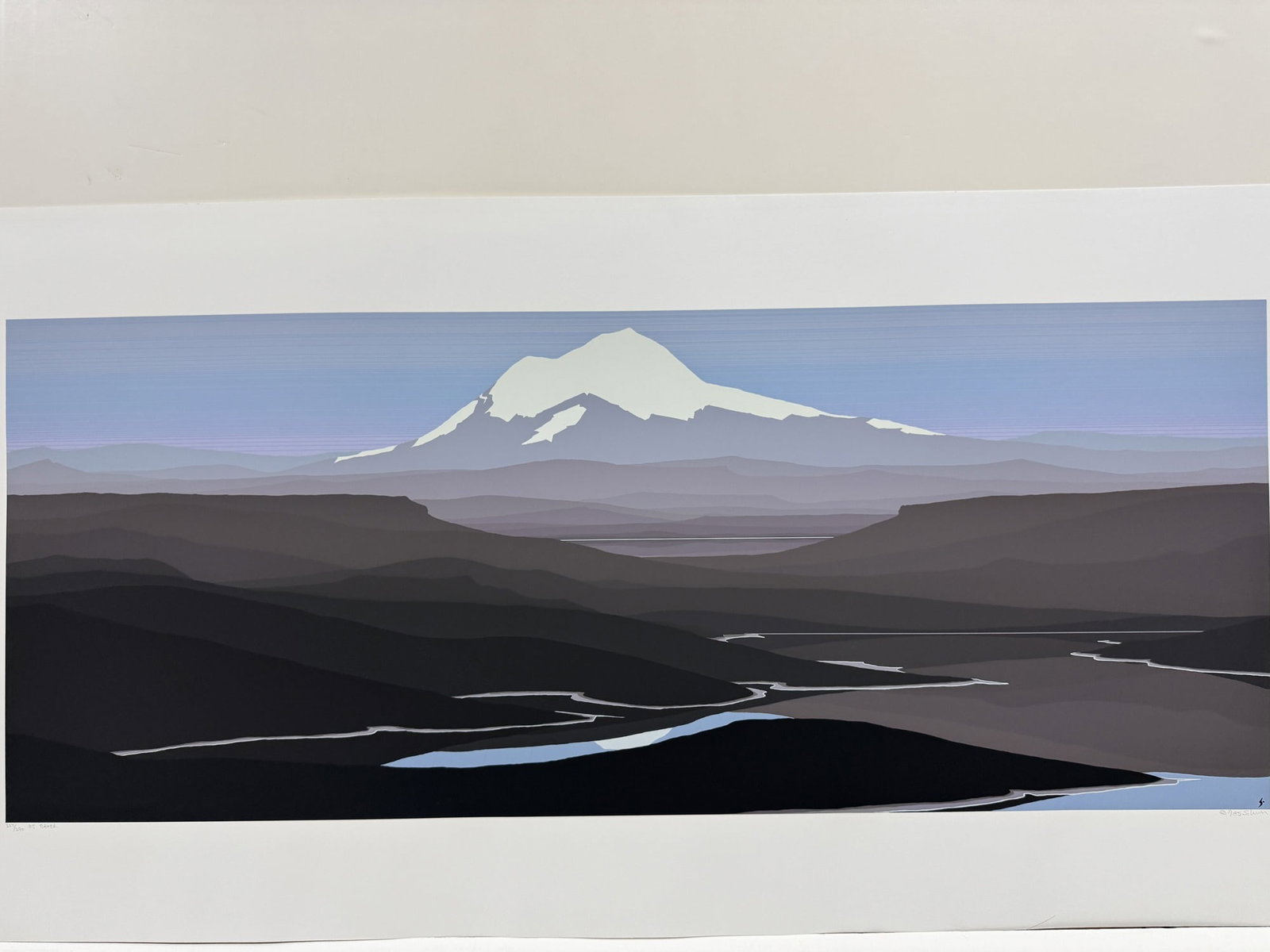 Jerry Schurr "Mt Baker" signed limited edition serigraph on paper: Jerry Schurr "Mt Baker" signed limited edition serigraph on paper. Unframed size 19" x 38.5", has crackles, as is