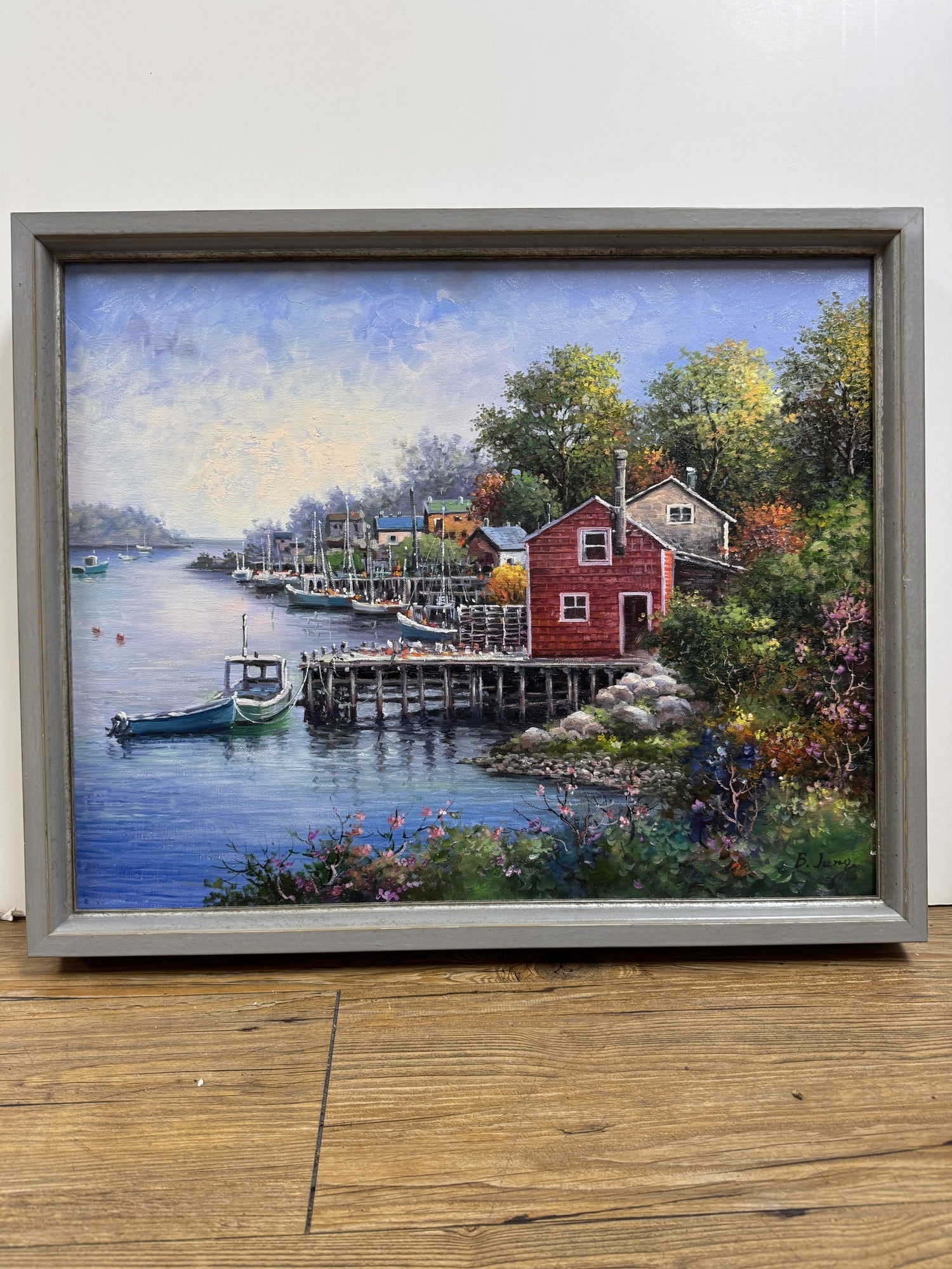 B. Jung original painting "Afternoon at the Docks": B. Jung original painting "Afternoon at the Docks". Framed size 21.5" x 17.5"