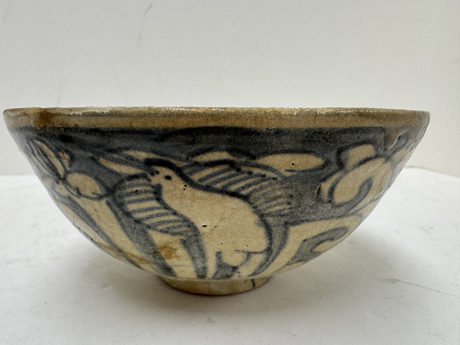 Chinese blue and white bowl: Chinese blue and white bowl. Diam 5.75", as is, has surface cracks, has been repaired before