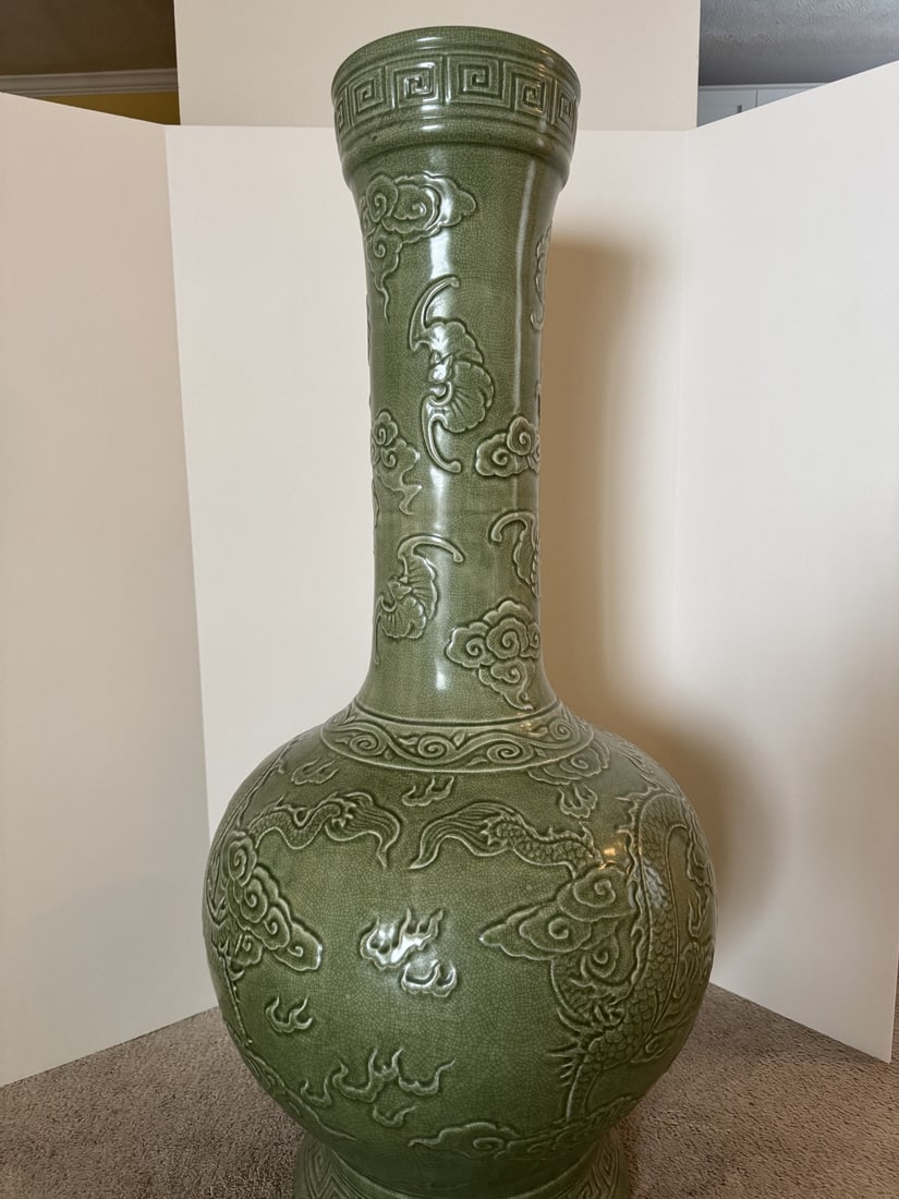Vietnamese Ceramic Green Vase: Vietnamese Ceramic Green Vase. 41" x 18"