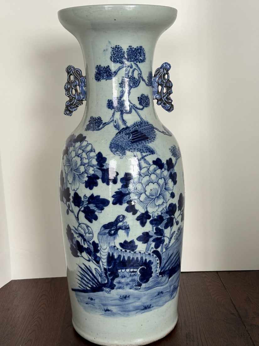 Chinese Blue and White Porcelain Vase- Peonies: Chinese Blue and White Porcelain Vase- Peonies. 23" x 9"