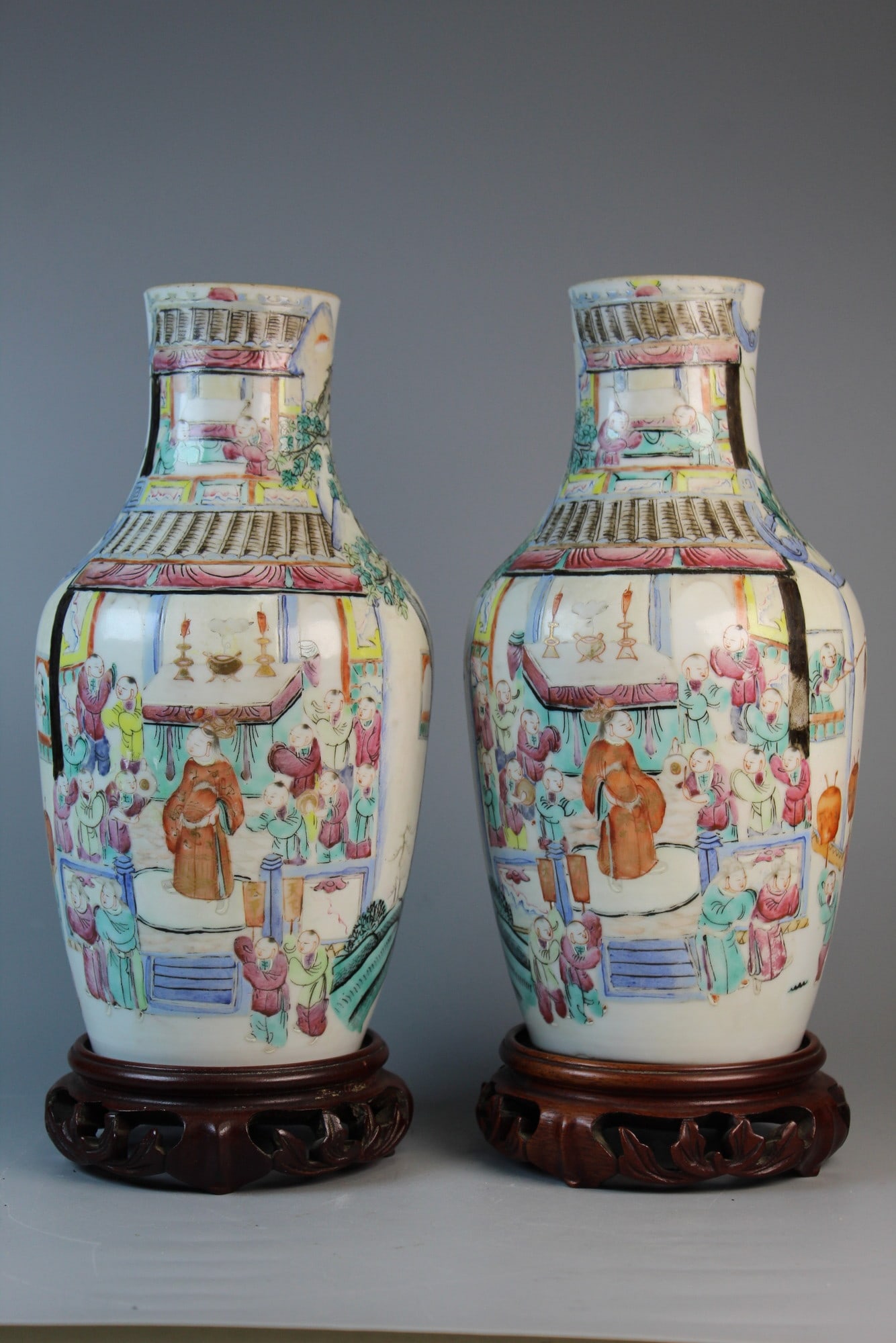 Pair of Chinese Famille Rose Vases with Children at Play Decorations. (1 of 11)