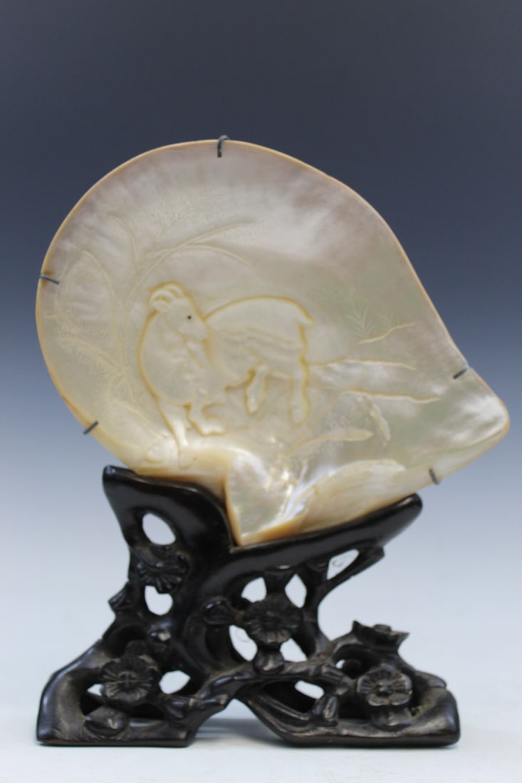 Antique Chinese Carved Seashell on Wood Stand (1 of 7)