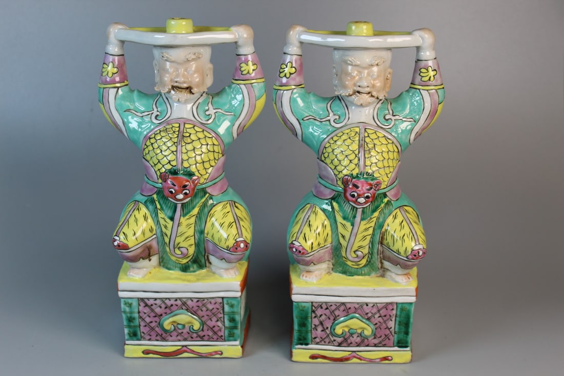Pair of Chinese Famille Rose Porcelain Warrior Figure Candle Holders (1 of 9)