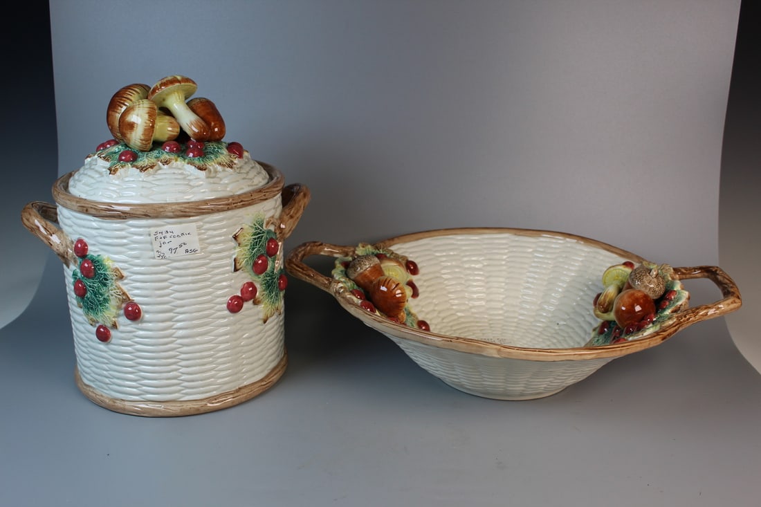 Vintage 1991 Fitz & Floyd Autumm Mushroom Acorn Ceramic Tray and Cookie Jar (1 of 9)