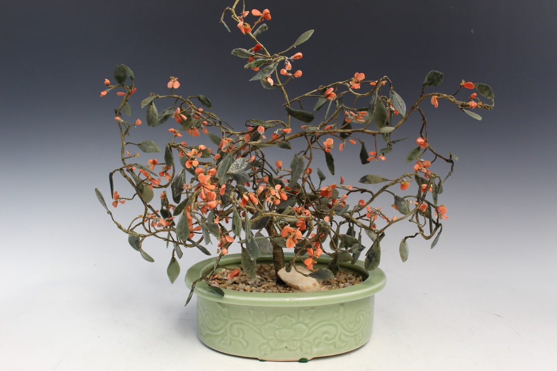 Chinese Red Coral and Jade Bonsai Tree in a Celadon Glaze Porcelain Planter: Chinese Red Coral and Jade Bonsai Tree in a Celadon Glaze Porcelain Planter. Planter length 9.5".