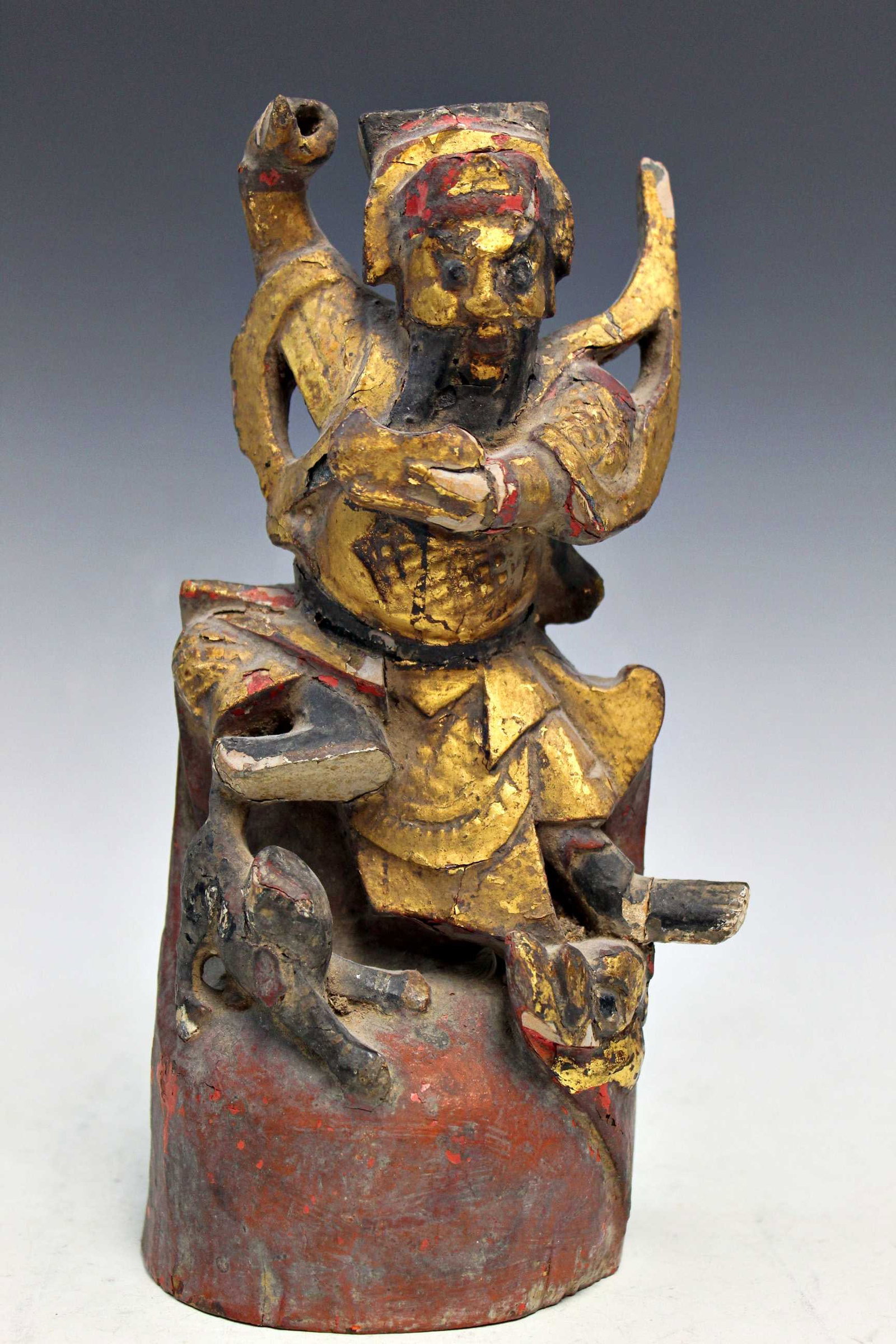 Chinese Gilt Wood Guardian Statue: Chinese Gilt Wood Guardian Statue. H 9.5". As Is.