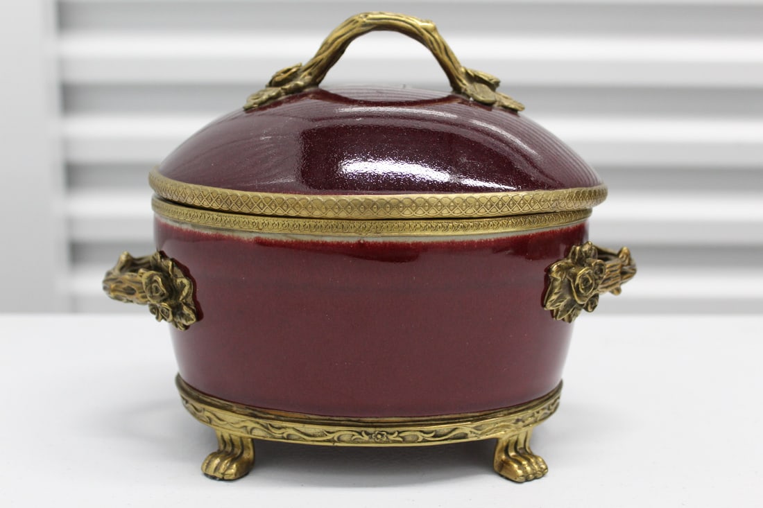 Chinese Red Glaze Covered Bowl with Metal Mounted Handle: Chinese Red Glaze Covered Bowl with Metal Mounted Handle. H 7".