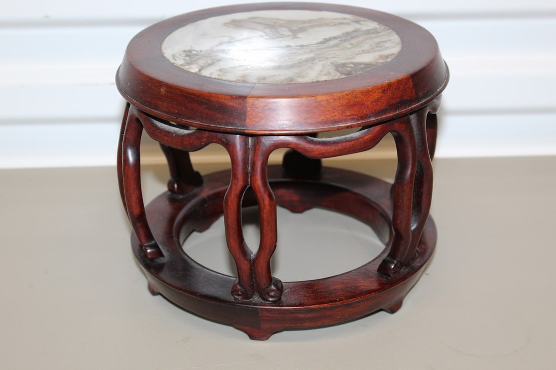 Chinese circular wood stand with marble top (1 of 5)