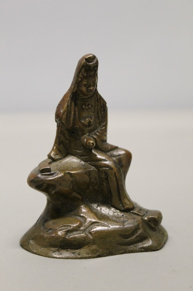 Chinese Bronze Guanyin Statue: Chinese Bronze Guanyin Statue. H 3.5".