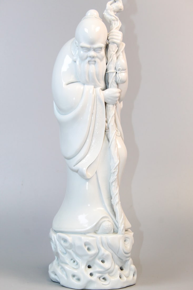 Chinese Blanc de Chine Porcelain Shoulao Statue: Chinese Blanc de Chine Porcelain Shoulao Statue. H 15".
