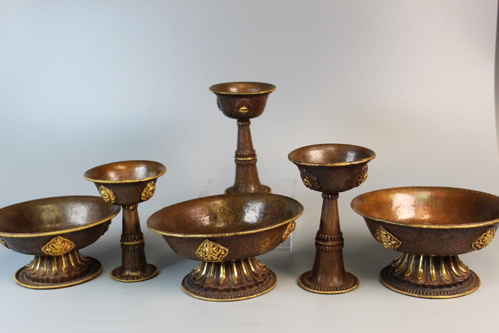 Six Tibetan Gilt Brass Buddhist Cups and Bowls (1 of 9)
