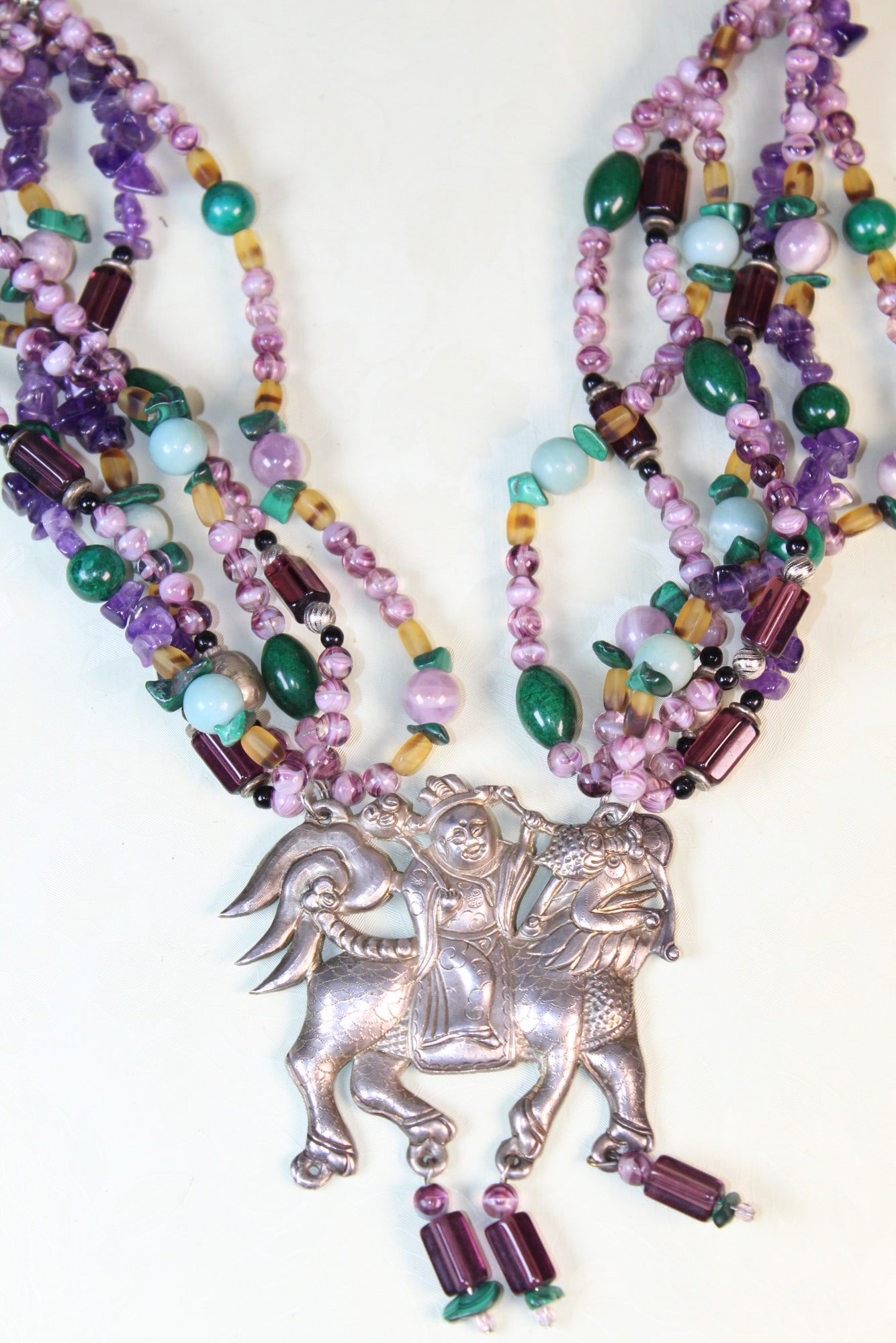 Semi-precious Stone and Glass Beads Necklace with Chinese Silver Pendant (1 of 6)