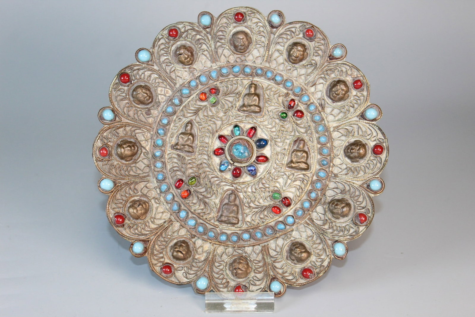 Tibetan Brass Dish with Semi-precious Stones Inlay. (1 of 7)