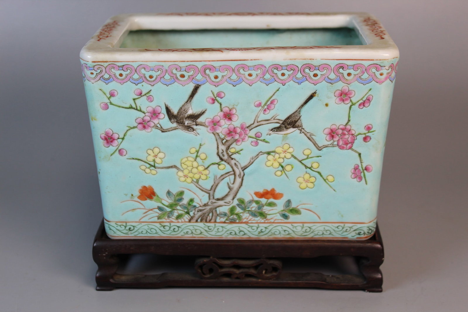 Chinese Famille Rose Porcelain Planter on Wood Stand (1 of 9)
