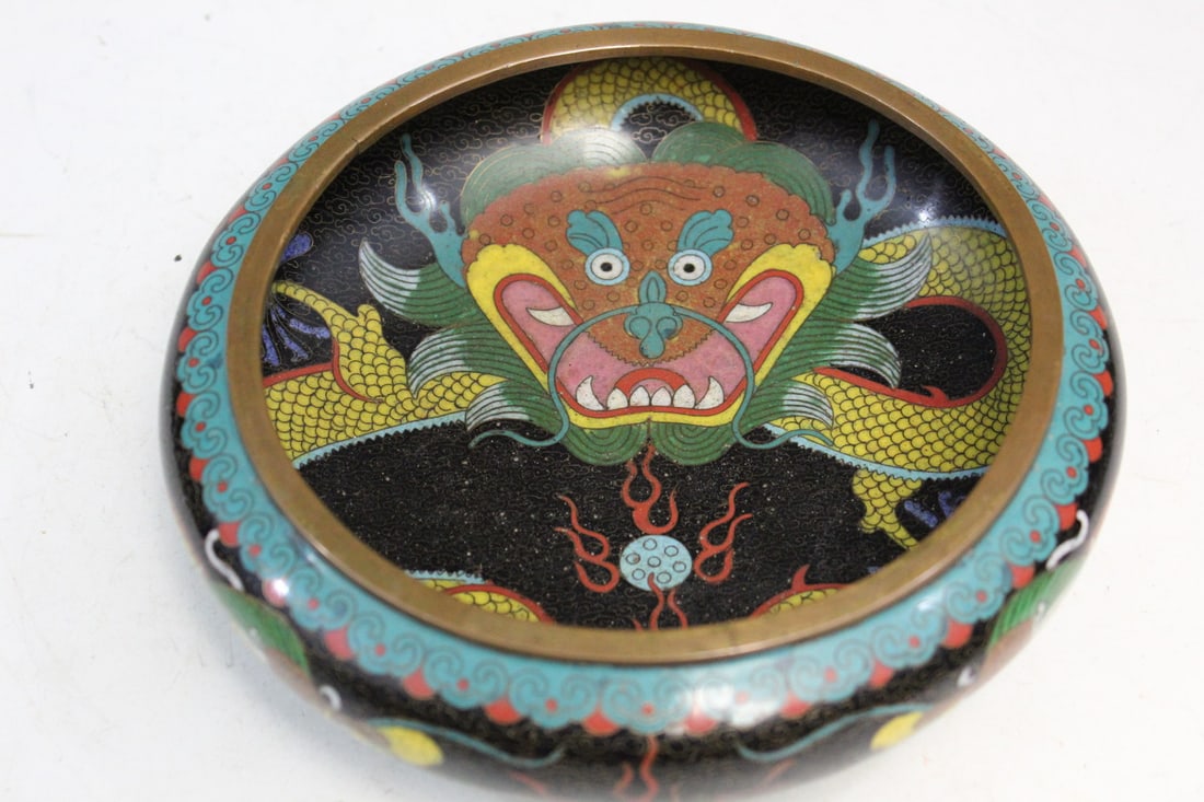 Chinese Cloisonne Brush Washer with Dragon Decoration: Chinese Cloisonne Brush Washer with Dragon Decoration. Diam 8".