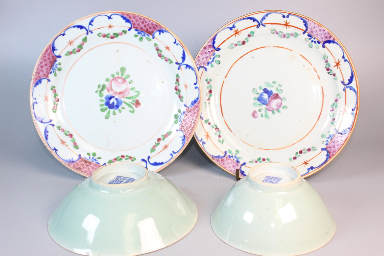 A Pair of Chinese Export Famille Rose Porcelain Plates and Two Celadon Glazed Bowls (1 of 14)
