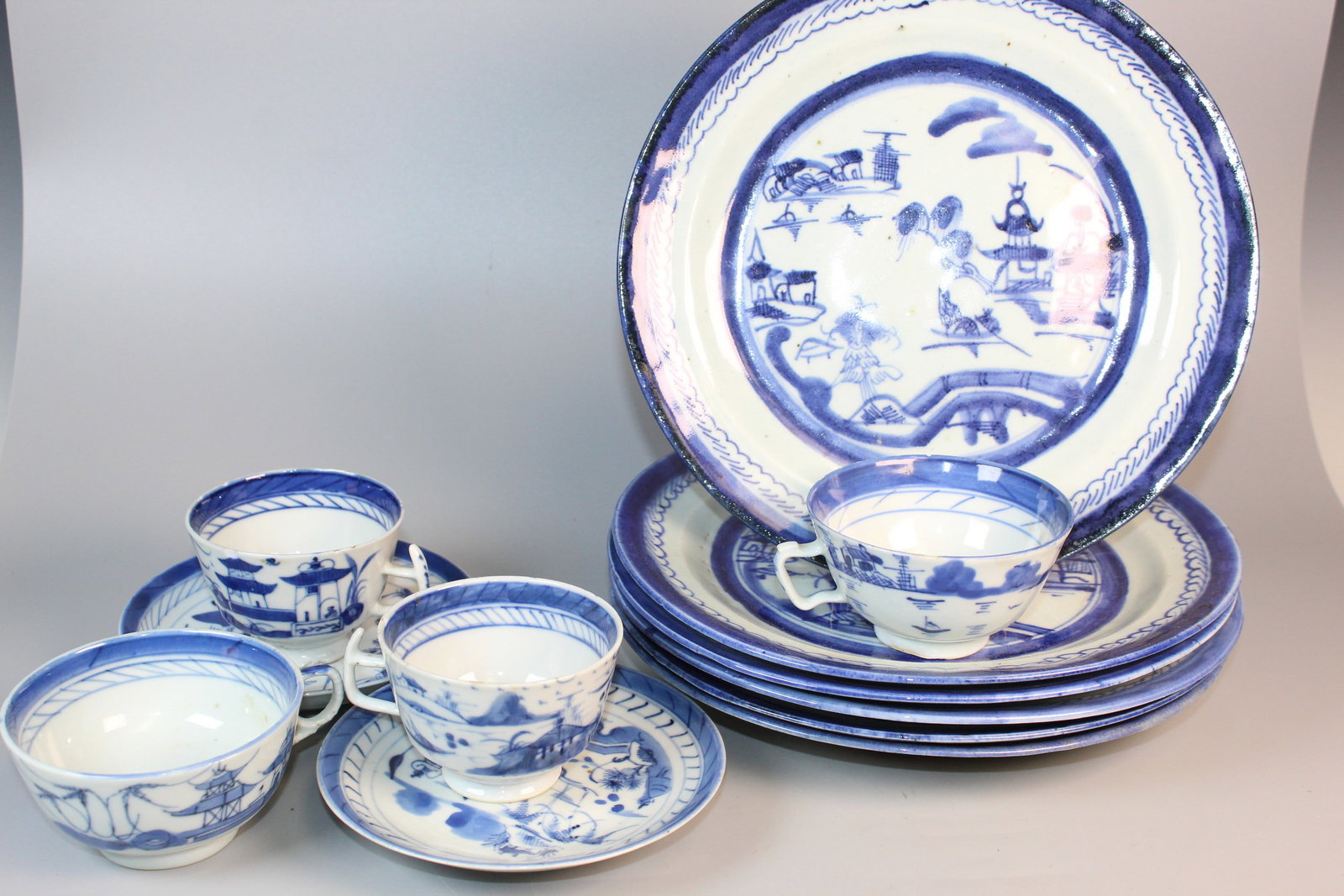 A Group of Chinese Canton Blue and White Porcelain Plates, Tea Cups and Saucers (1 of 16)