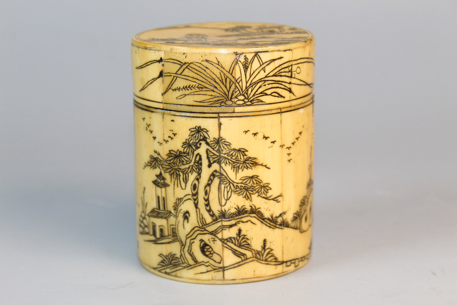 Chinese Tea Caddy Box with Incised Bone Decorations: Chinese Tea Caddy Box with Incised Bone Decorations. H 3.25".