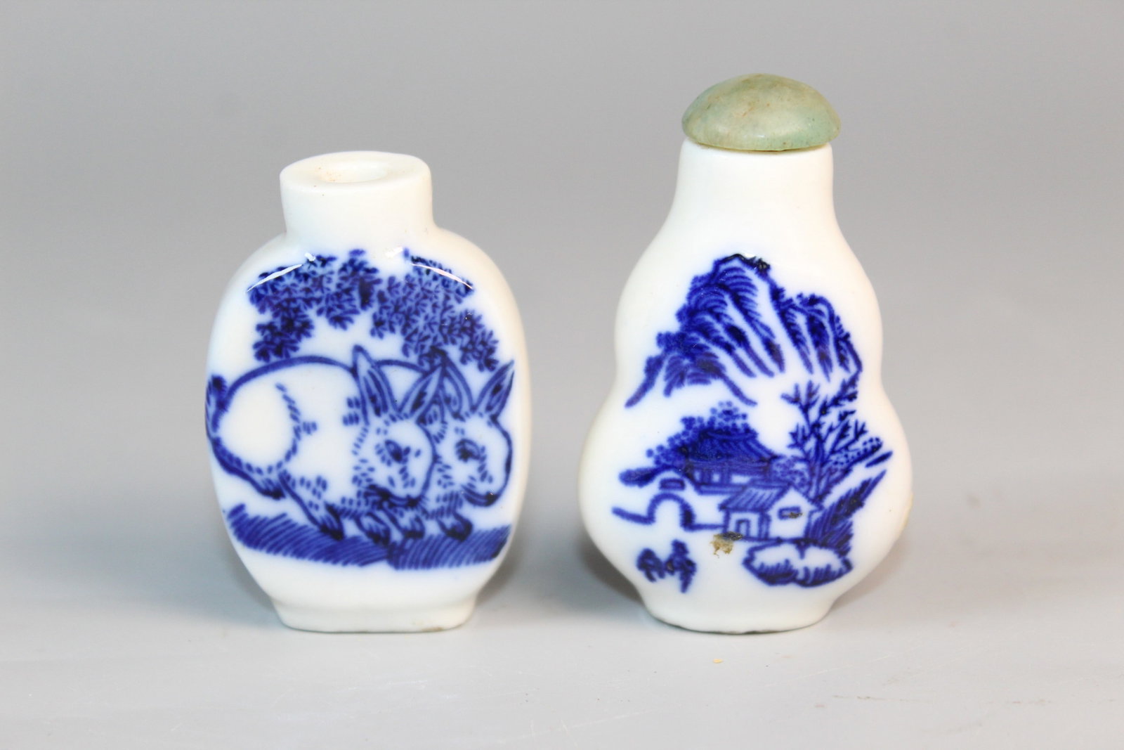 Two Chinese Blue and White Porcelain Snuff Bottles: Two Chinese Blue and White Porcelain Snuff Bottles. H 2.5".