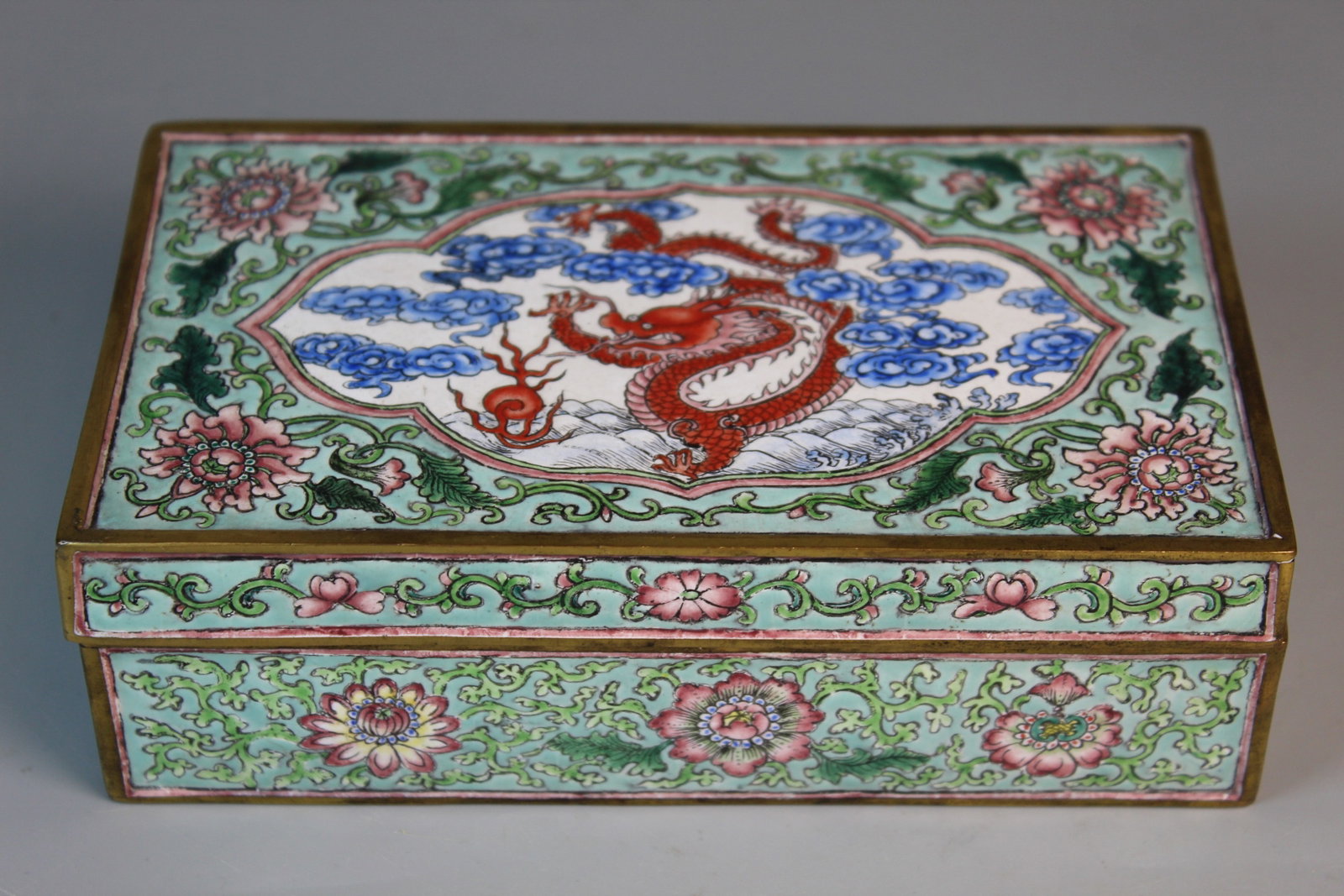 Chinese Enameled Box with Dragon Decoration: Chinese Enameled Box with Dragon Decoration. 6x3.75x2".