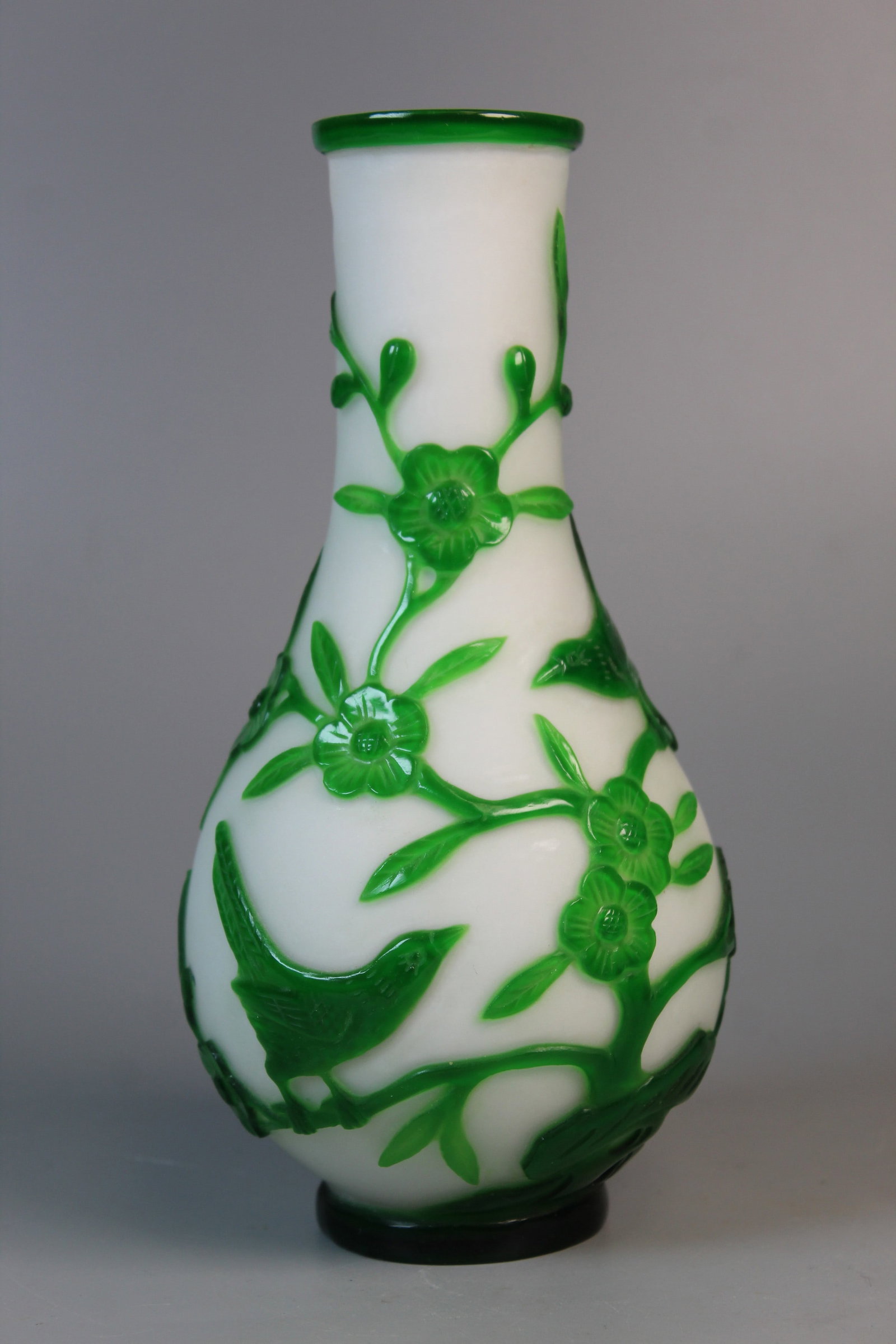Chinese Green on White Overlay Peking Glass Vase: Chinese Green on White Overlay Peking Glass Vase. H 8".