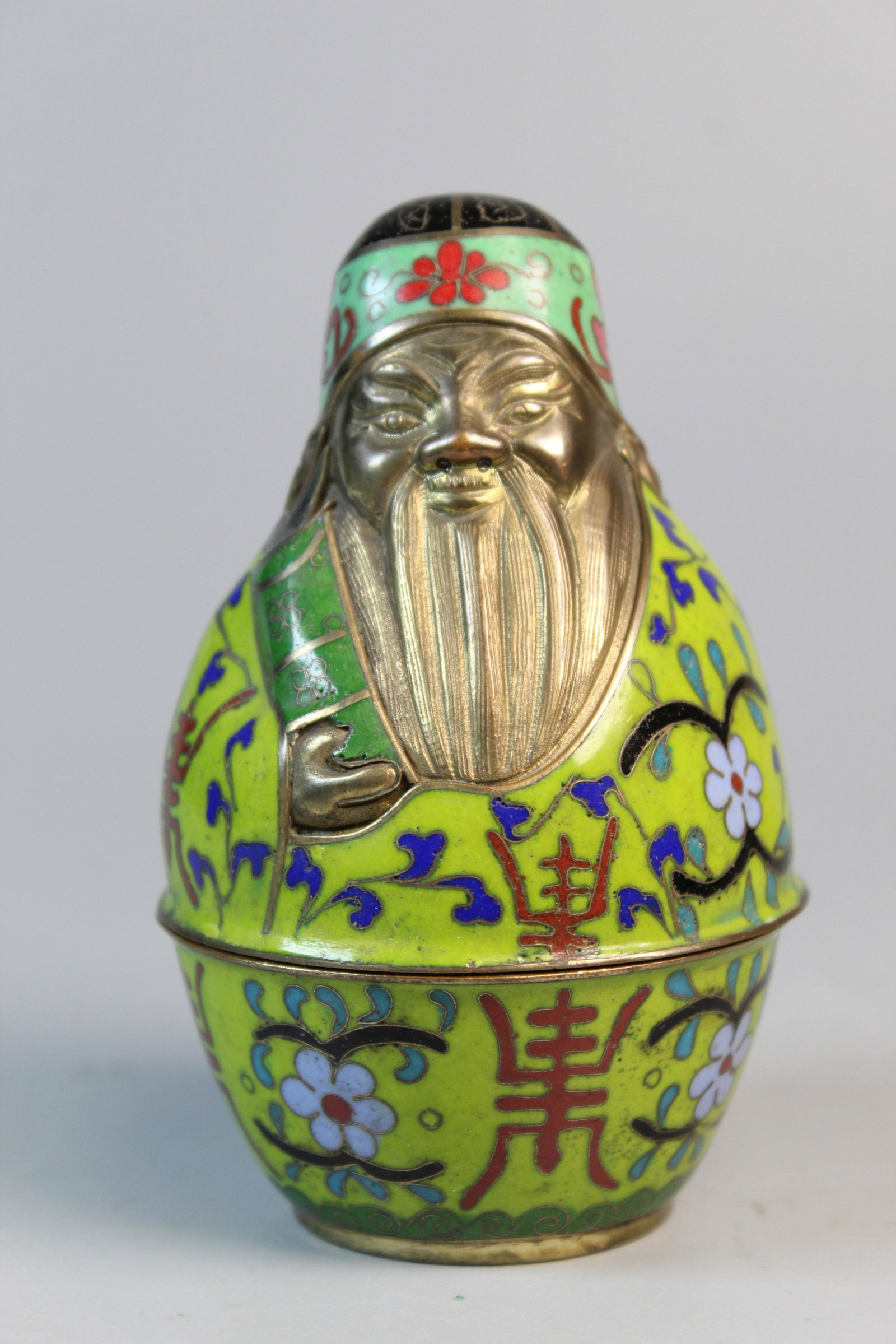 Chinese Cloisonne Shoulao Box: Chinese Cloisonne Shoulao Box. H 4.25".