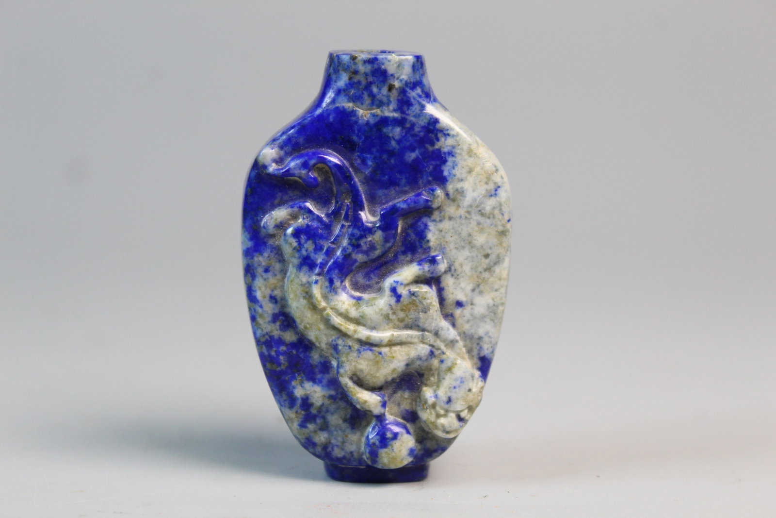 Chinese Carved Lapis Lazuli Snuff Bottle: Chinese Carved Lapis Lazuli Snuff Bottle. H 2.5".