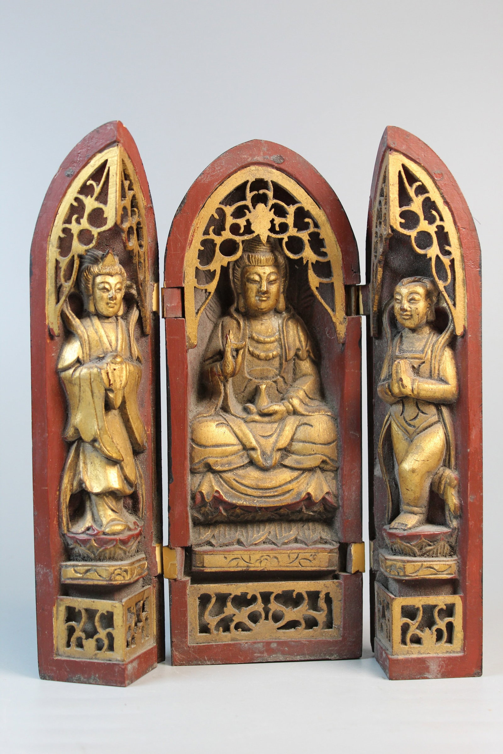 Chinese Carved Gilt Wood Travel Shrine: Chinese Carved Gilt Wood Travel Shrine. H 8".
