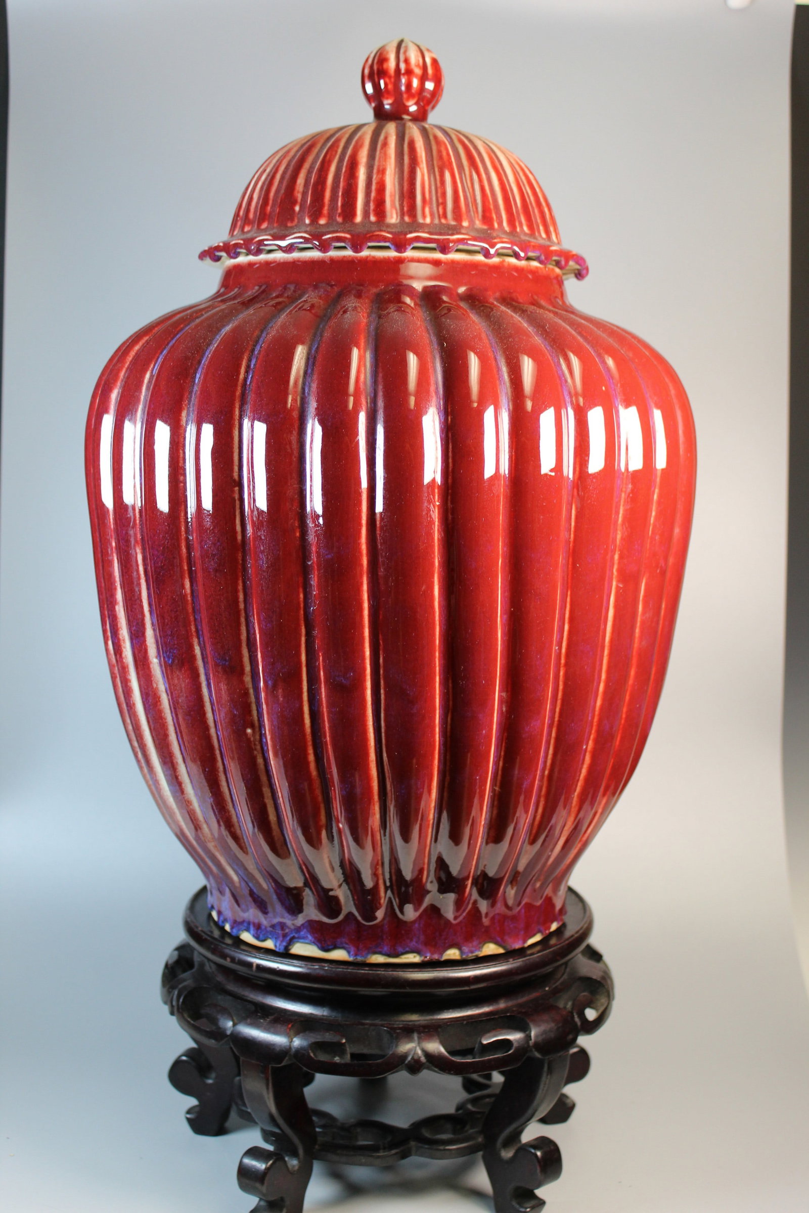 Large Chinese Red Glazed Porcelain Jar on Wood Stand (1 of 9)