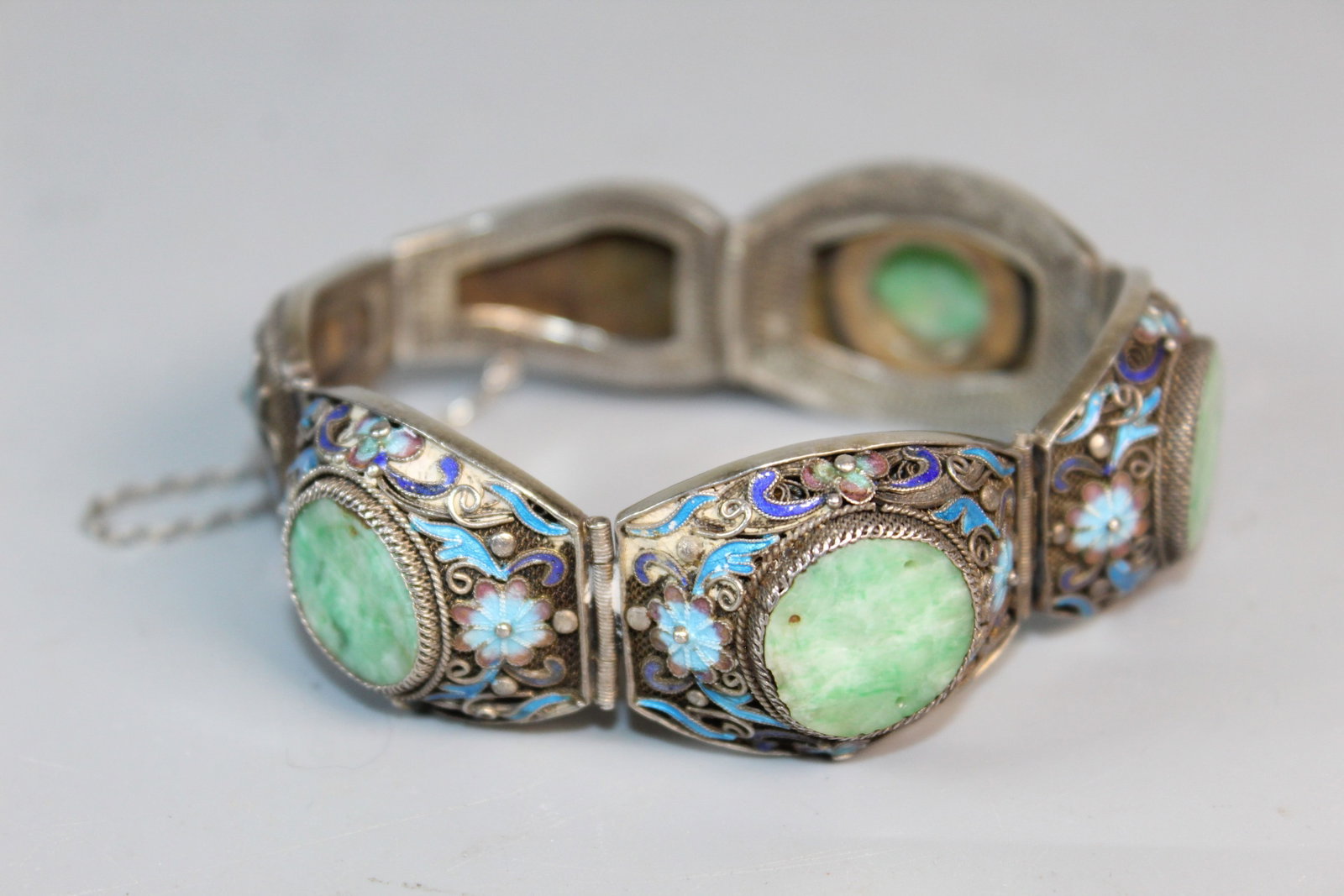 Chinese Silver Bracelet with Jadeite Inlay (1 of 5)