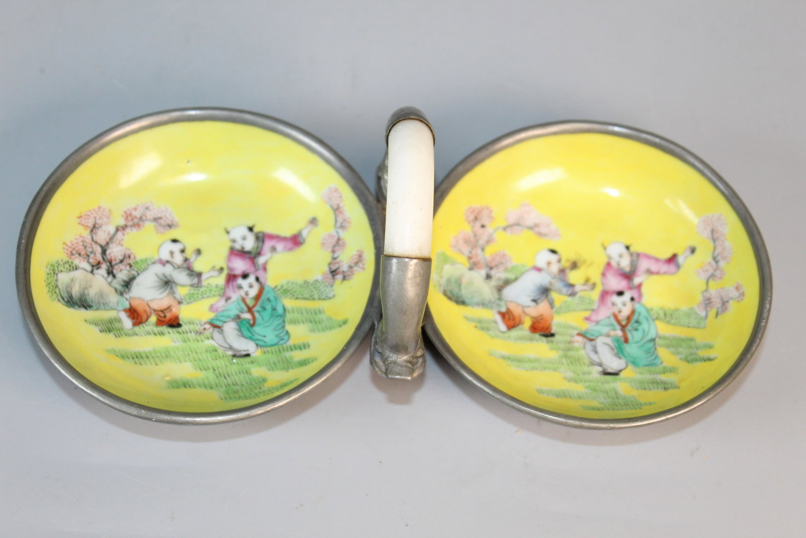 Chinese Pewter and Famille Rose Porcelain Condiment Double Dishes (1 of 6)