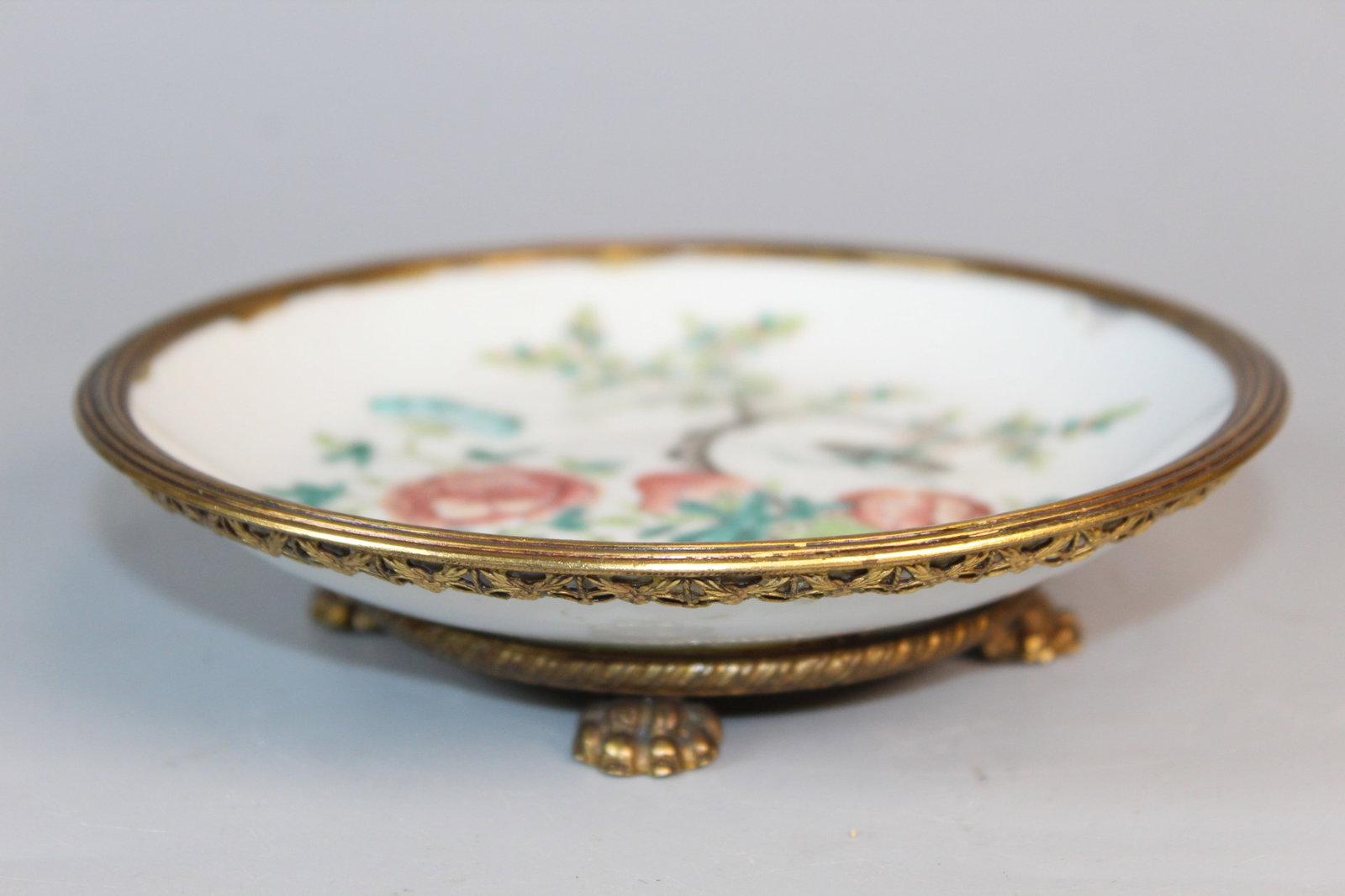 Nicholas Haydon Chinese Famille Rose Porcelain Dish with Ormolu Mounting: Nicholas Haydon Chinese Famille Rose Porcelain Dish with Ormolu Mounting. Diam 5.5".