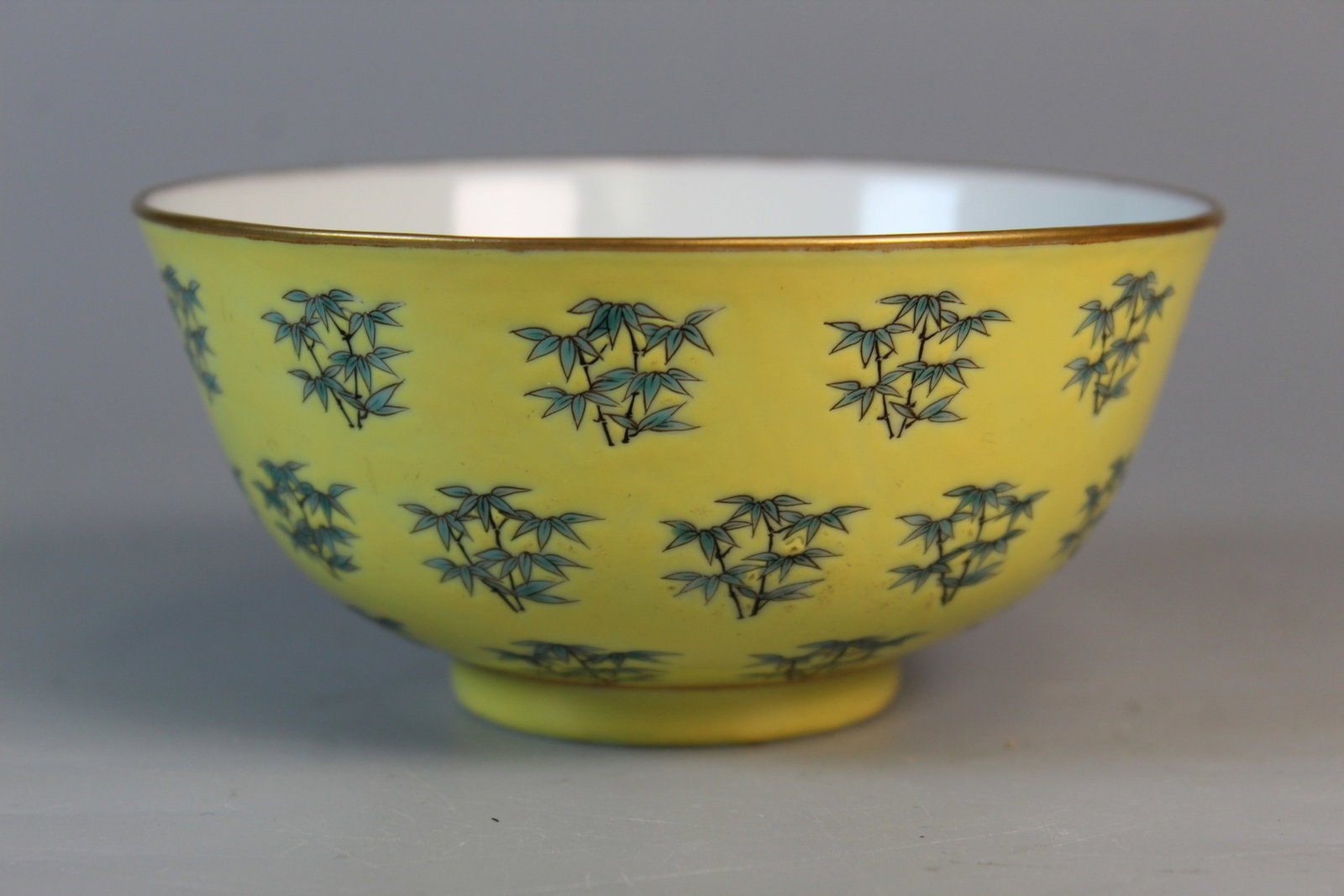 Chinese Yellow Ground Famille Rose Bamboo Bowl: Chinese Yellow Ground Famille Rose Bamboo Bowl. Diam 4.5". H 2.25". Tongzhi Mark.