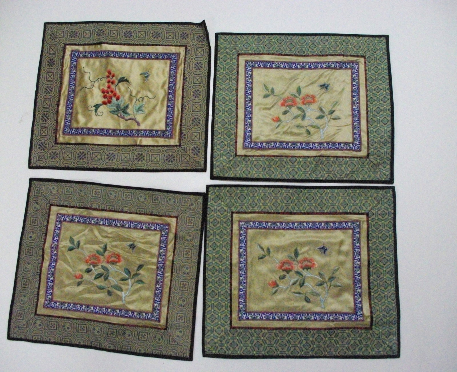 Lot of Four Chinese Silk Embroidery of Butterfly and Flowers: Lot of Four Chinese Silk Embroidery of Butterfly and Flowers. 10" x 11.5"