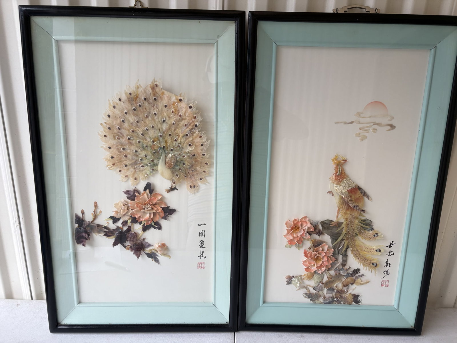 Set of Vintage Asian Shadow Box Frames with Peacocks and Floral Art from Seashells (1 of 9)