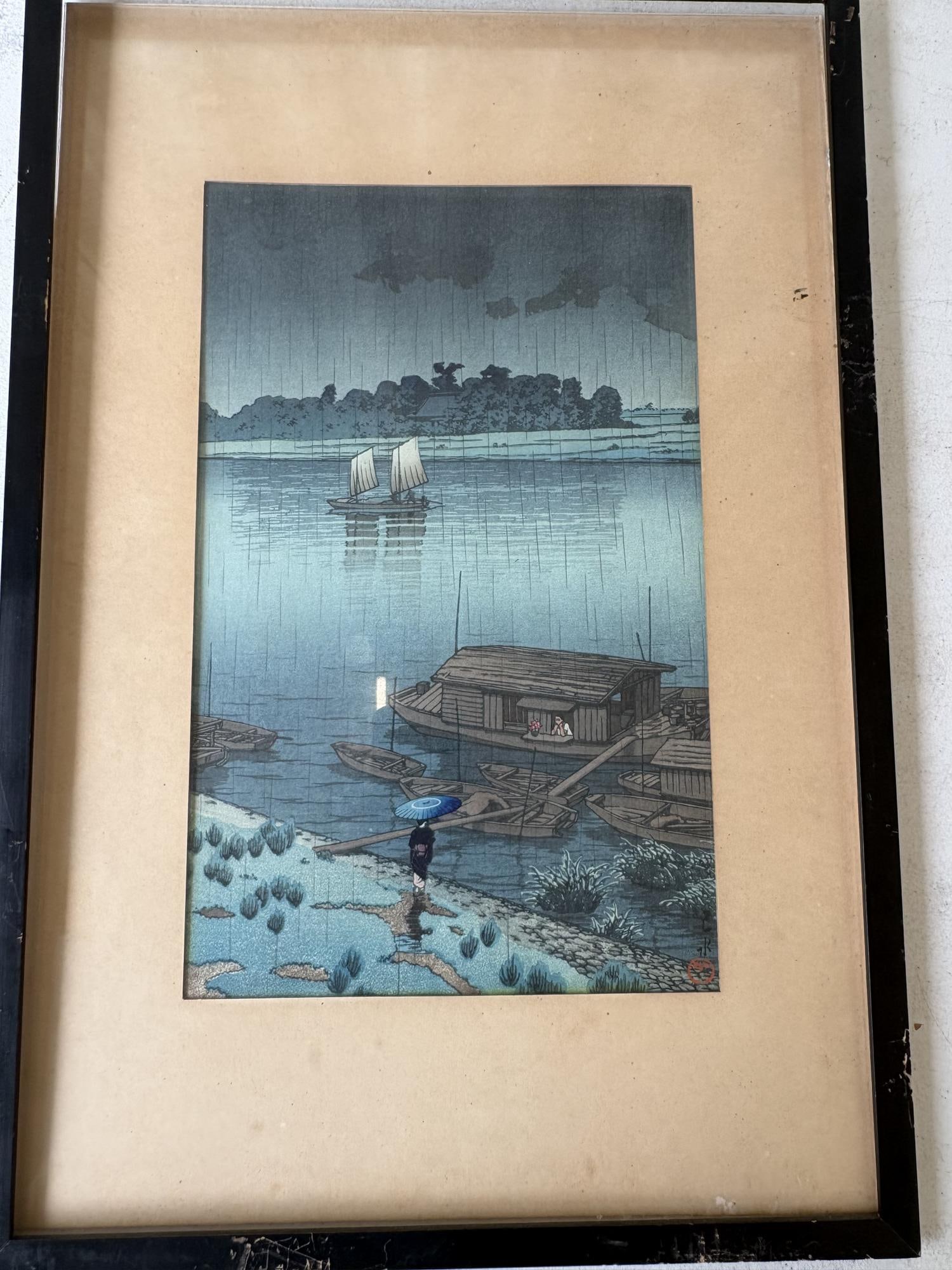 Kawase Hasui Japanese woodblock print, "Early Summer Rain, Arakawa" (1 of 6)