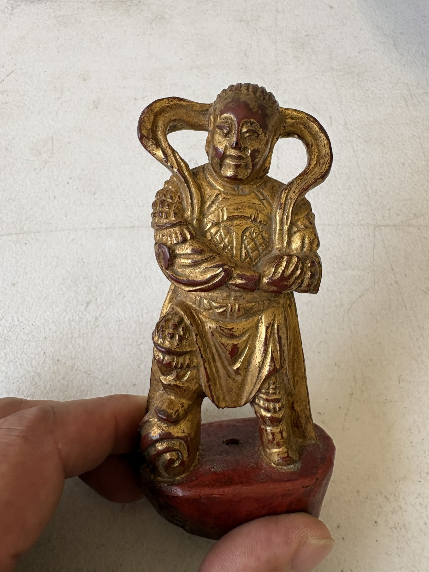 Chinese Gilt Lacquered Wood Statue of a Temple Guardian: Chinese Gilt Lacquered Wood Statue of a Temple Guardian. Length about 4.5"