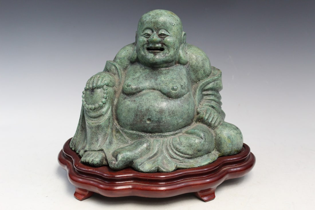 Vintage Chinese Metal Laughing Buddha Statue on Wood Stand (1 of 7)