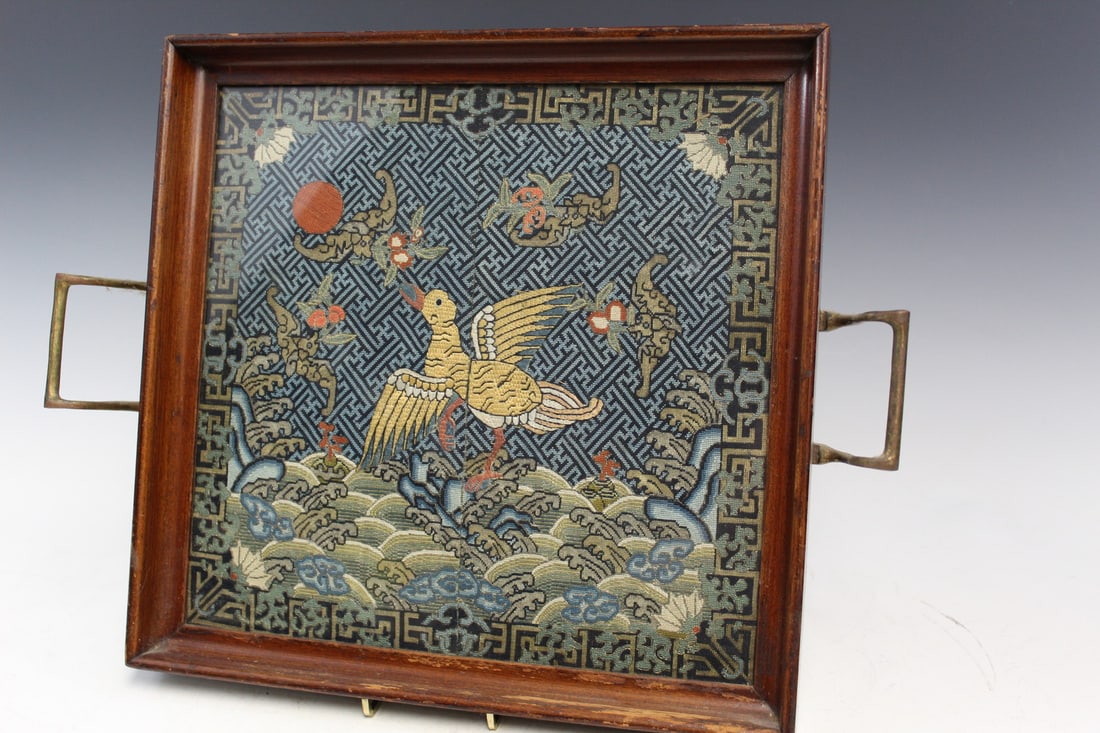 Chinese Brocade Silk Court Badge Wood Tea Tray (1 of 6)