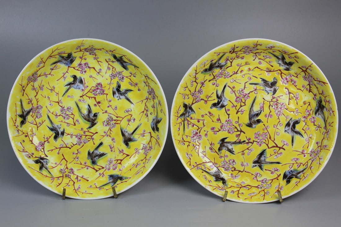 Pair of Chinese Yellow Glazed Famille Rose Magpies on Plum Flowers Dishes (1 of 9)