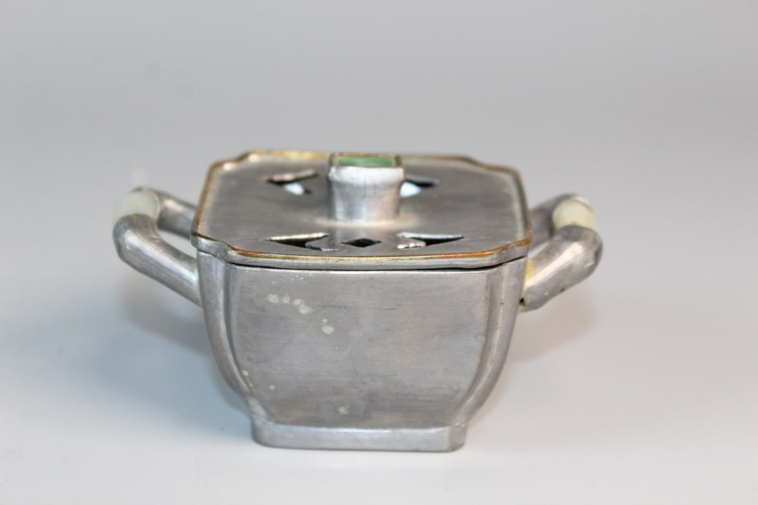 Chinese Pewter Incense Cup with Jade Handles (1 of 5)