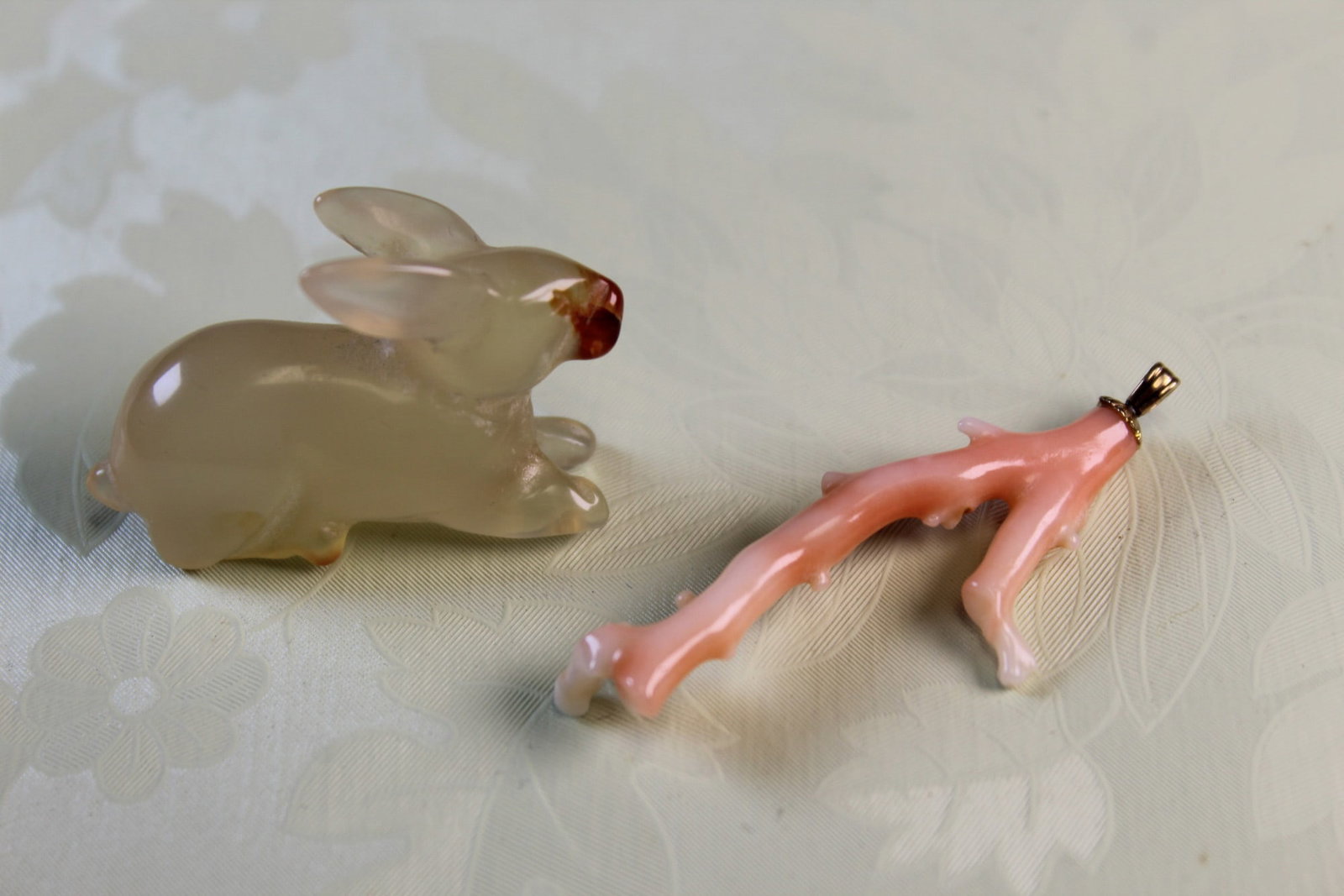 Pink Coral Pendant and a Carved Agate Rabbit (1 of 3)